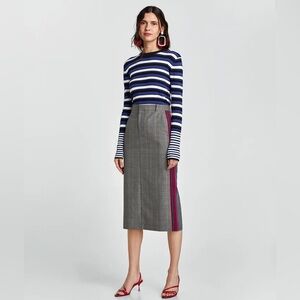 Zara Plaid Midi Skirt with Red and Blue Side Stripes